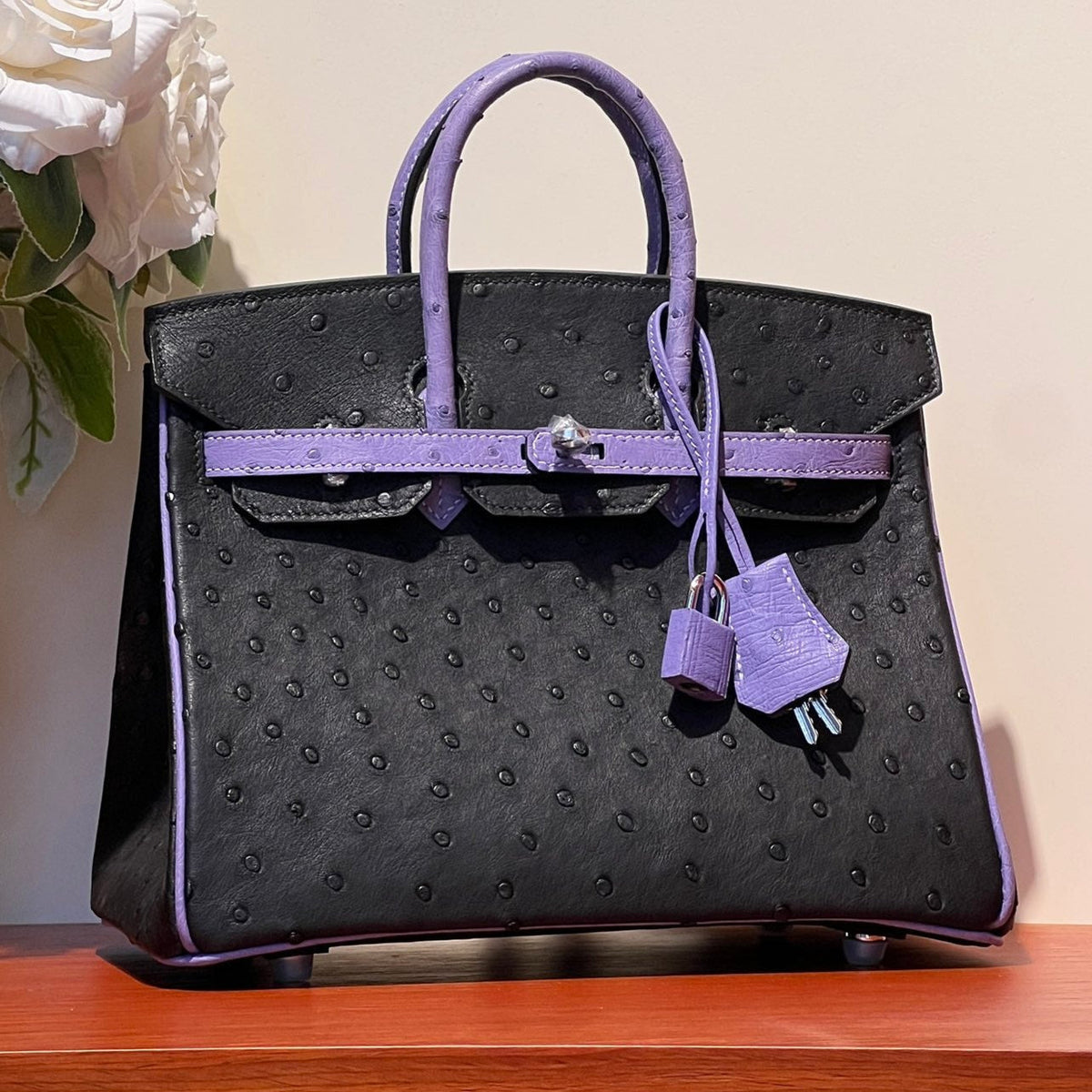 Hermes Kelly Sellier 25 Bag in Black Mix Amethyst Purple Ostrich Leather