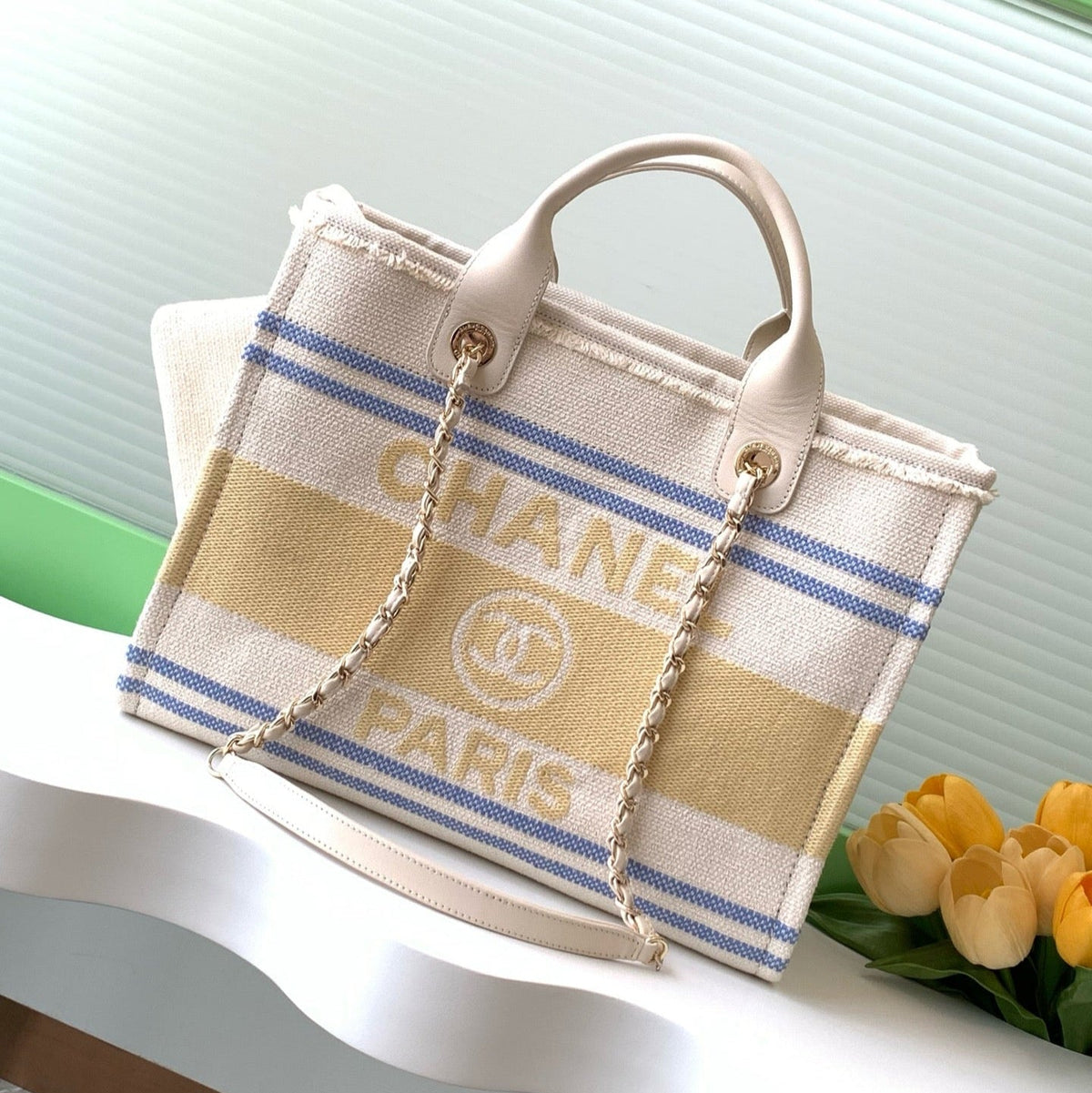 Chanel Shopping Bag 34 in White Blue and Yellow Canvas