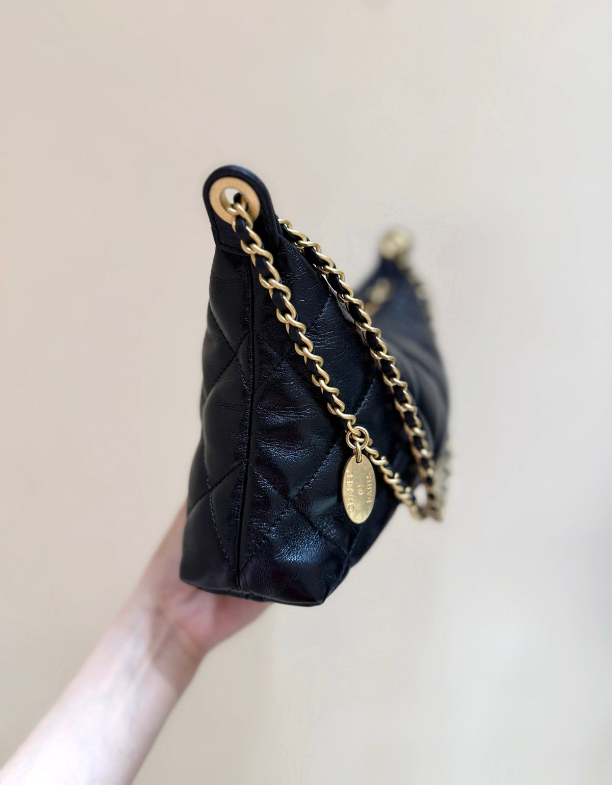 Chanel Quilted Hobo Shoulder Bag 26 in Black Glossy Lambskin