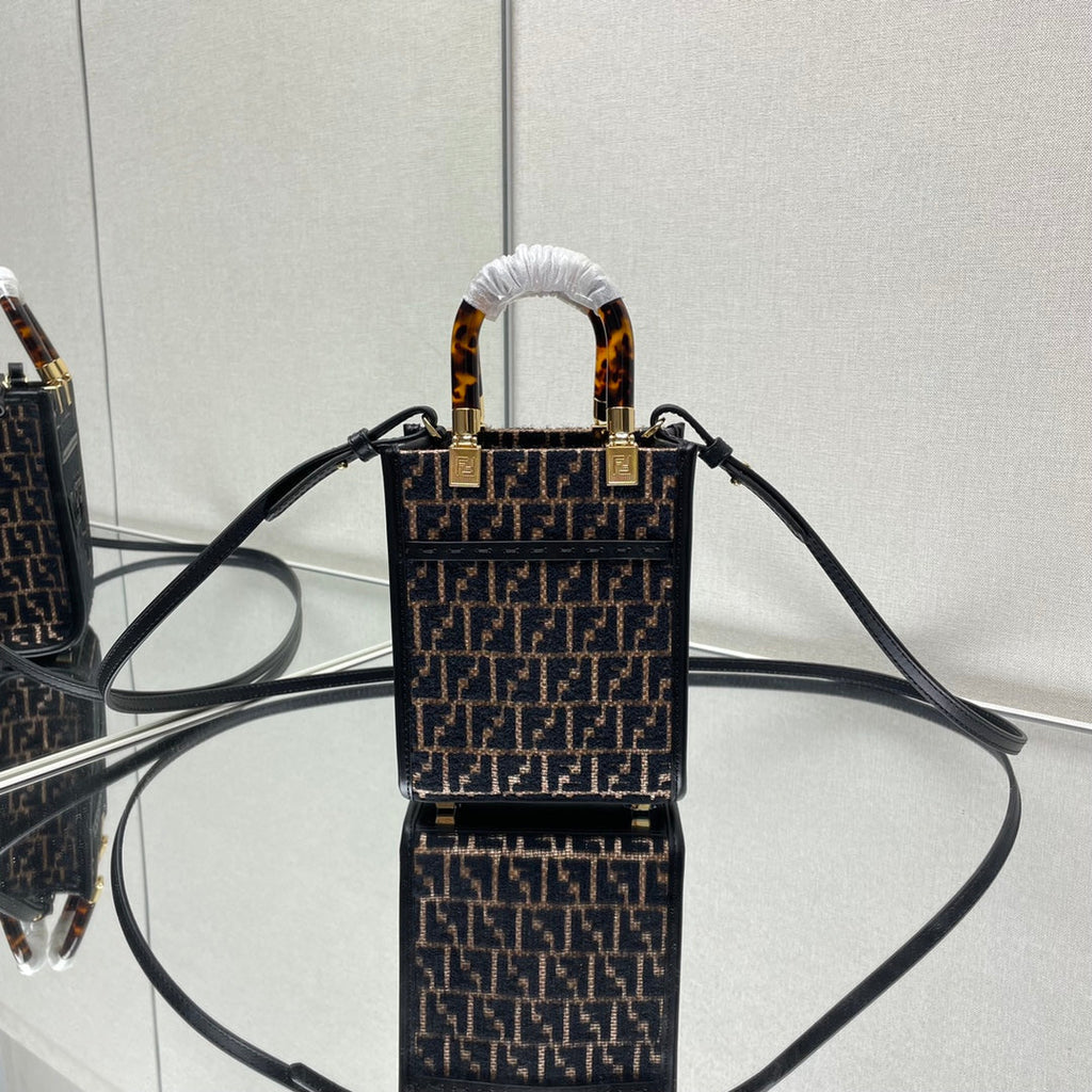 Fendi Mini Sunshine 18 in Brown Raffia and Black Wool Calfskin Trim Bag