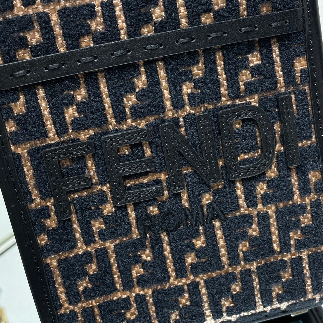 Fendi Mini Sunshine 18 in Brown Raffia and Black Wool Calfskin Trim Bag