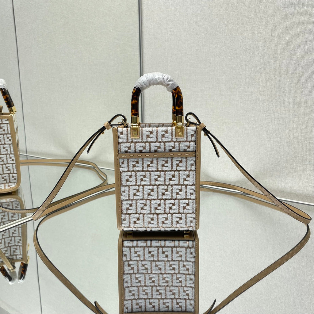 Fendi Mini Sunshine 18 in White Wool and Camel Brown Raffia Calfskin Trim Bag