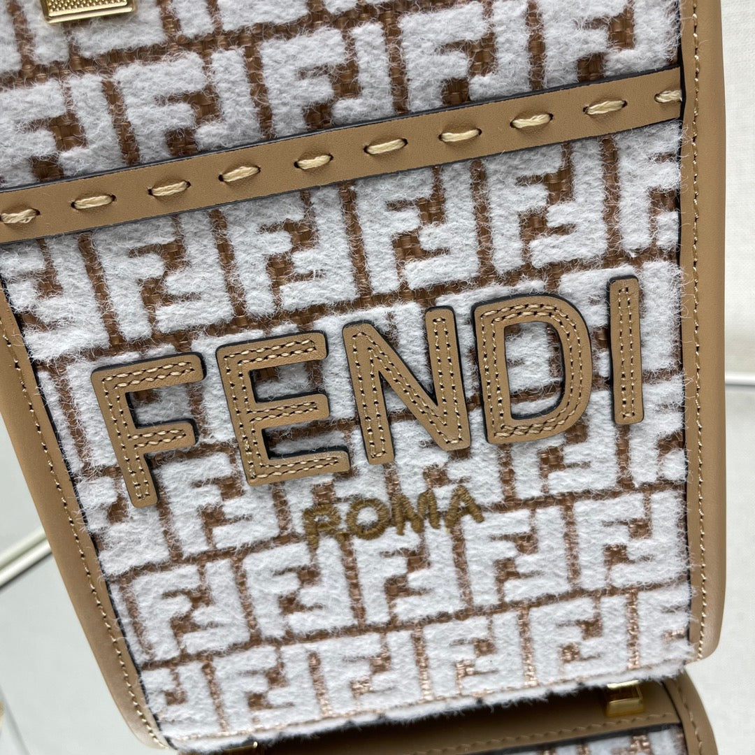 Fendi Mini Sunshine 18 in White Wool and Camel Brown Raffia Calfskin Trim Bag