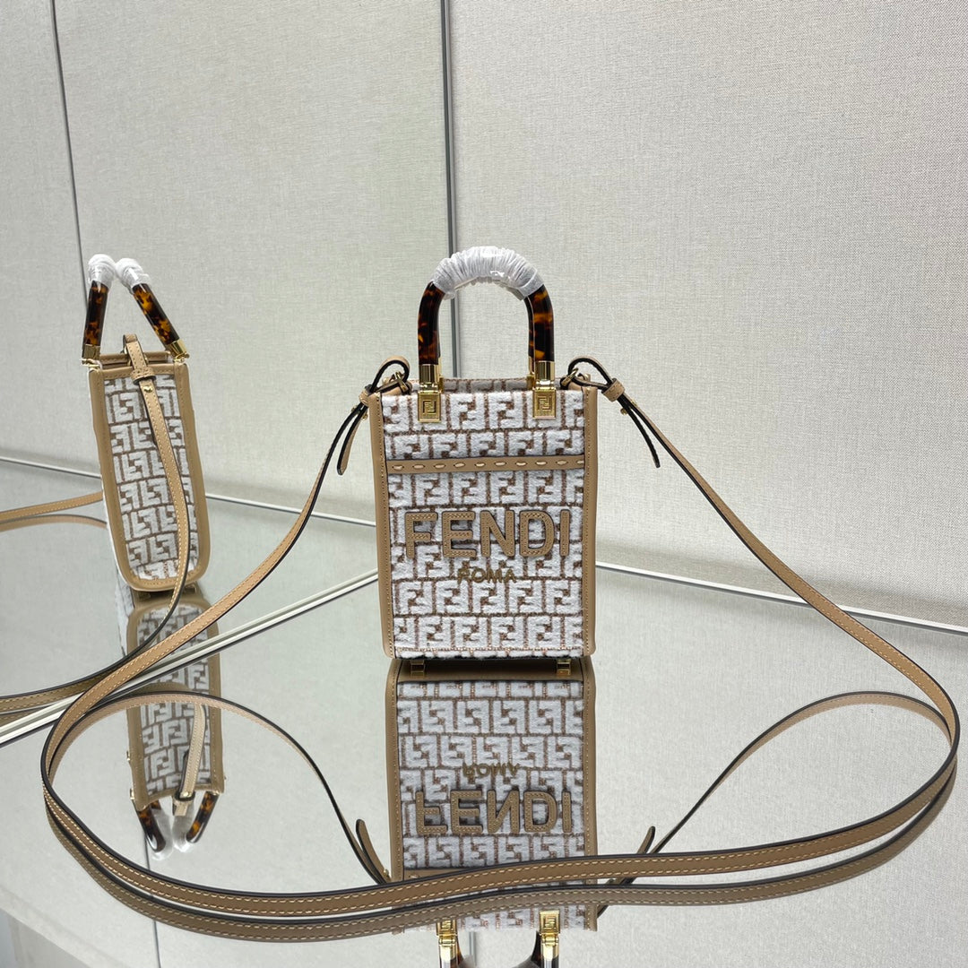 Fendi Mini Sunshine 18 in White Wool and Camel Brown Raffia Calfskin Trim Bag