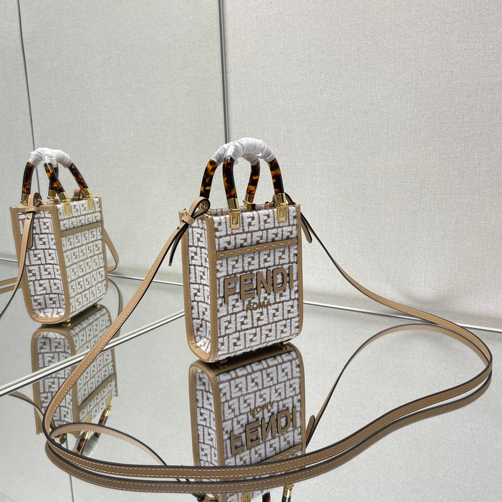 Fendi Mini Sunshine 18 in White Wool and Camel Brown Raffia Calfskin Trim Bag