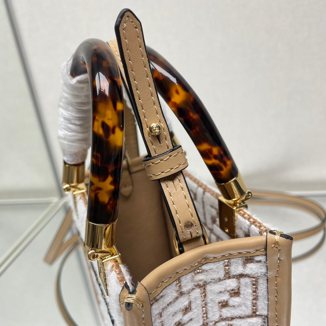 Fendi Mini Sunshine 18 in White Wool and Camel Brown Raffia Calfskin Trim Bag