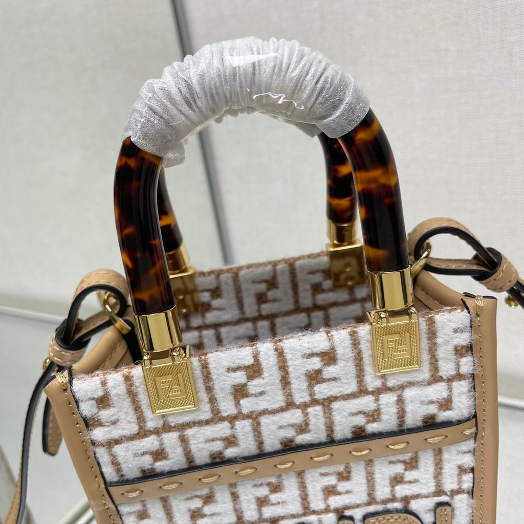 Fendi Mini Sunshine 18 in White Wool and Camel Brown Raffia Calfskin Trim Bag