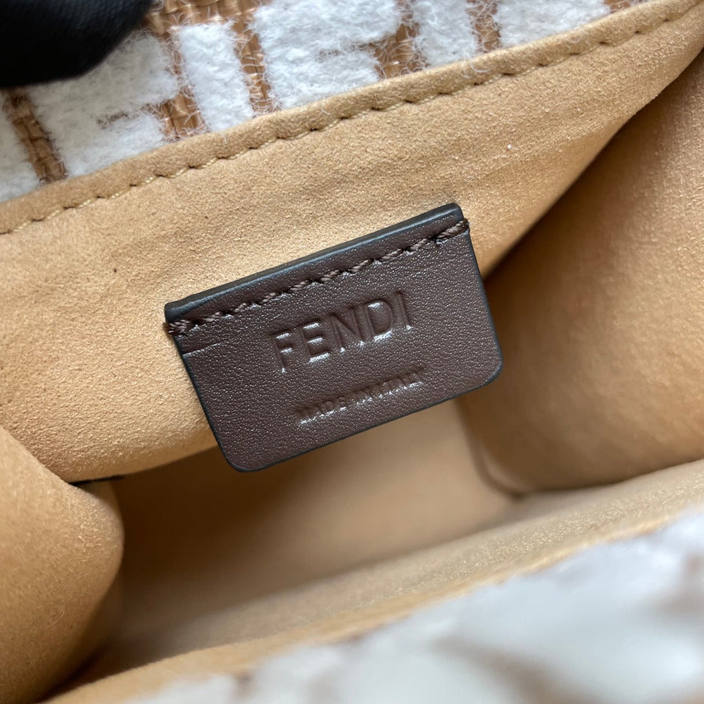 Fendi Mini Sunshine 18 in White Wool and Camel Brown Raffia Calfskin Trim Bag