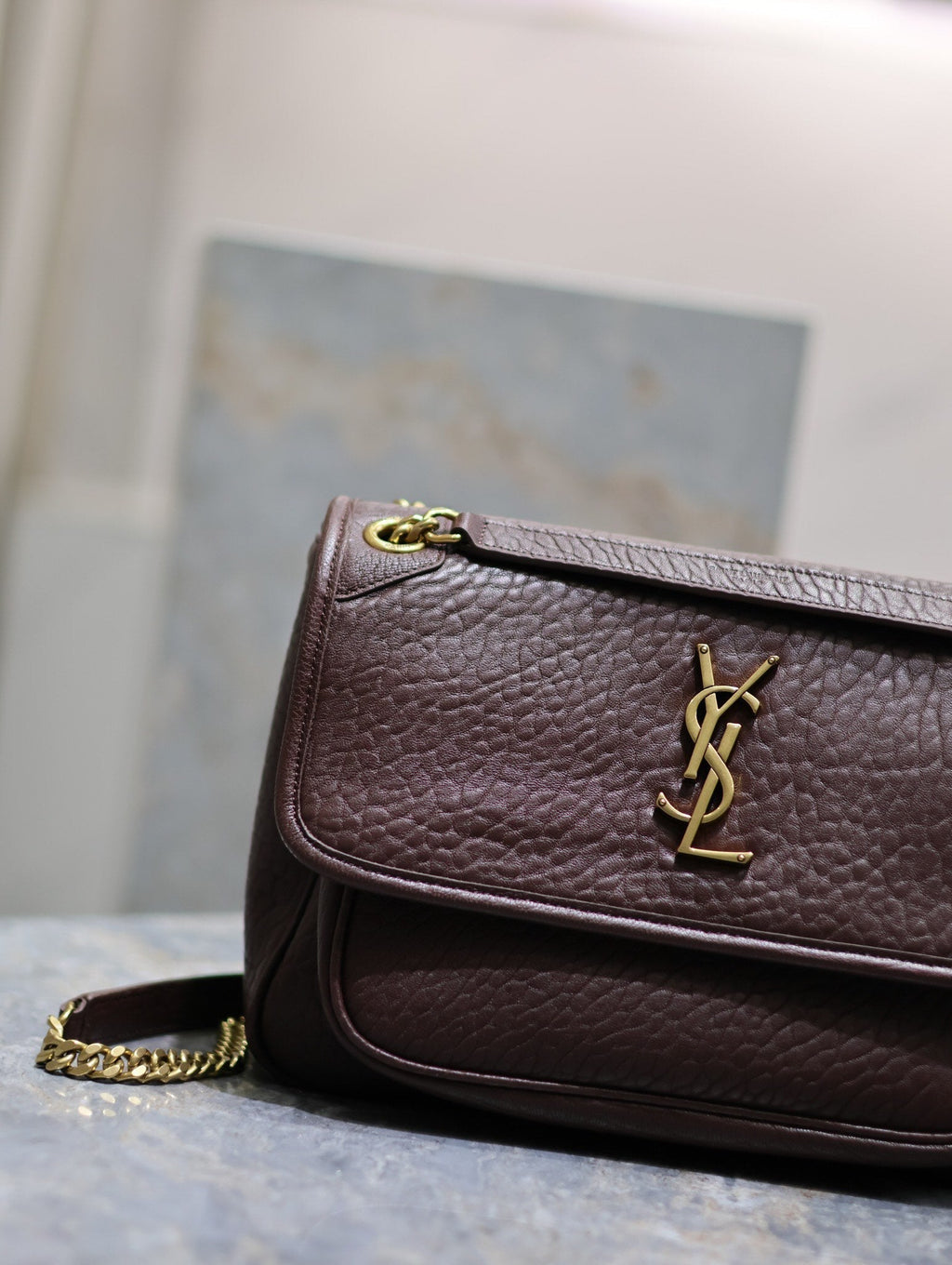 Saint Laurent Niki Medium 28 in Chestnut Brown Elephant Pattern Lambskin Gold Hardware Bag