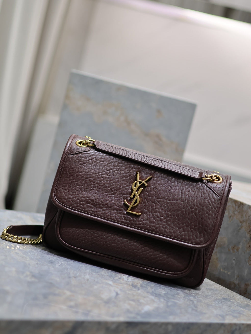 Saint Laurent Niki Medium 28 in Chestnut Brown Elephant Pattern Lambskin Gold Hardware Bag