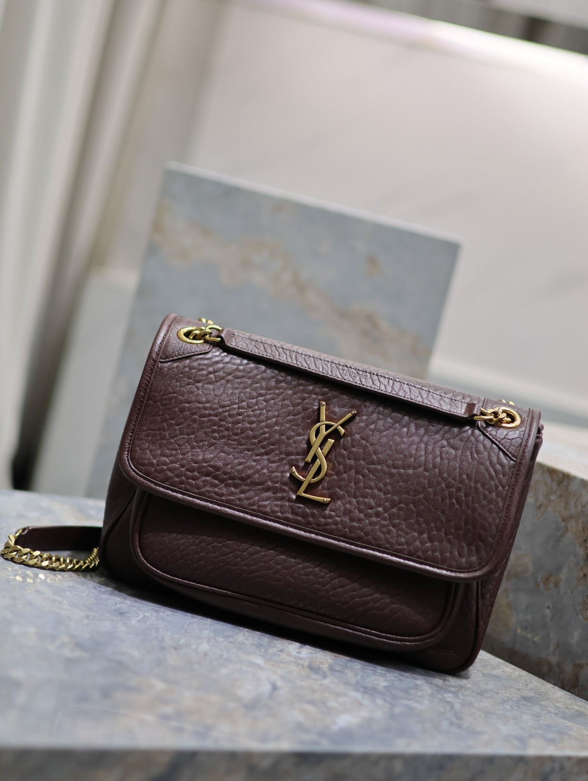 Saint Laurent Niki Medium 28 in Chestnut Brown Elephant Pattern Lambskin Gold Hardware Bag