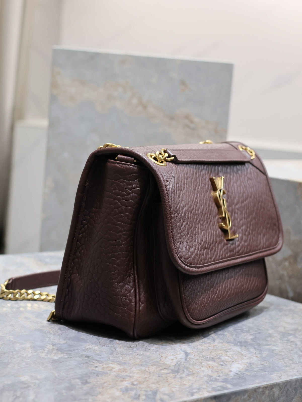 Saint Laurent Niki Medium 28 in Chestnut Brown Elephant Pattern Lambskin Gold Hardware Bag