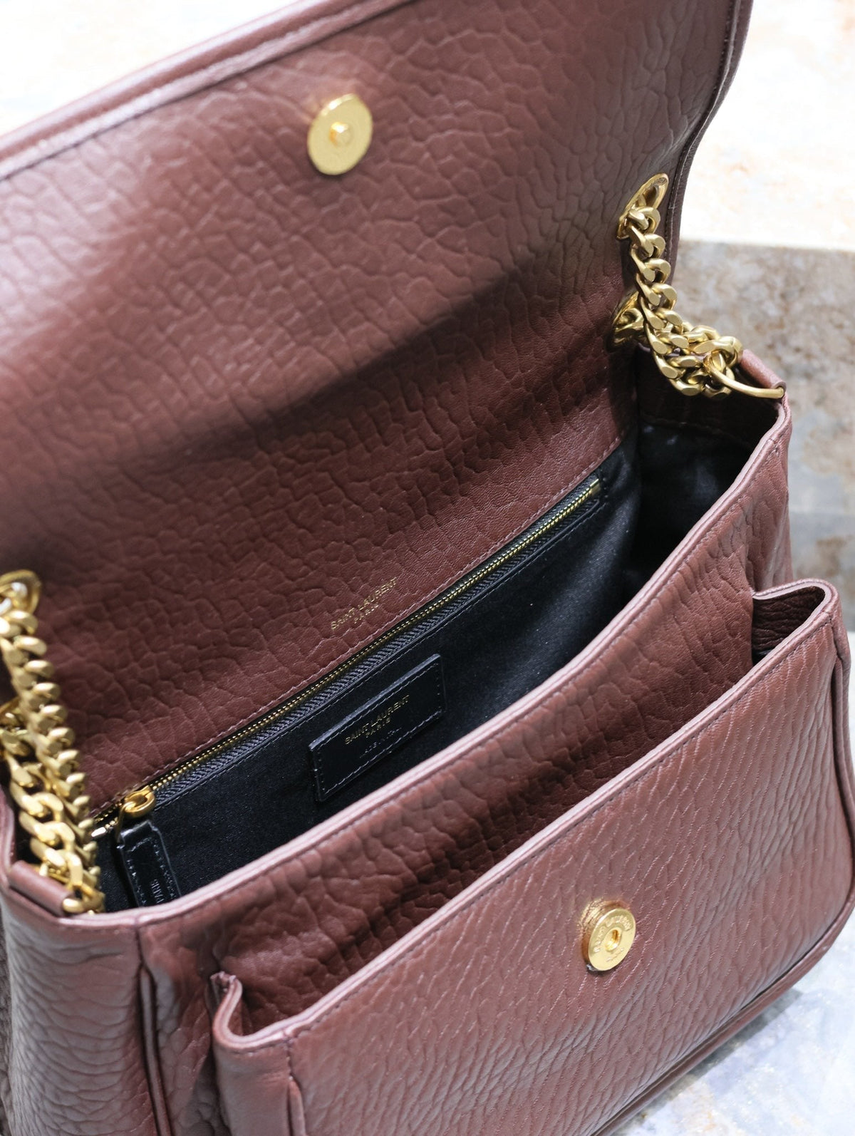 Saint Laurent Niki Medium 28 in Chestnut Brown Elephant Pattern Lambskin Gold Hardware Bag
