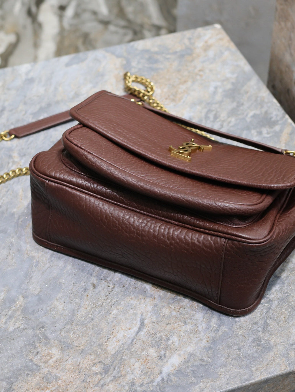 Saint Laurent Niki Medium 28 in Chestnut Brown Elephant Pattern Lambskin Gold Hardware Bag