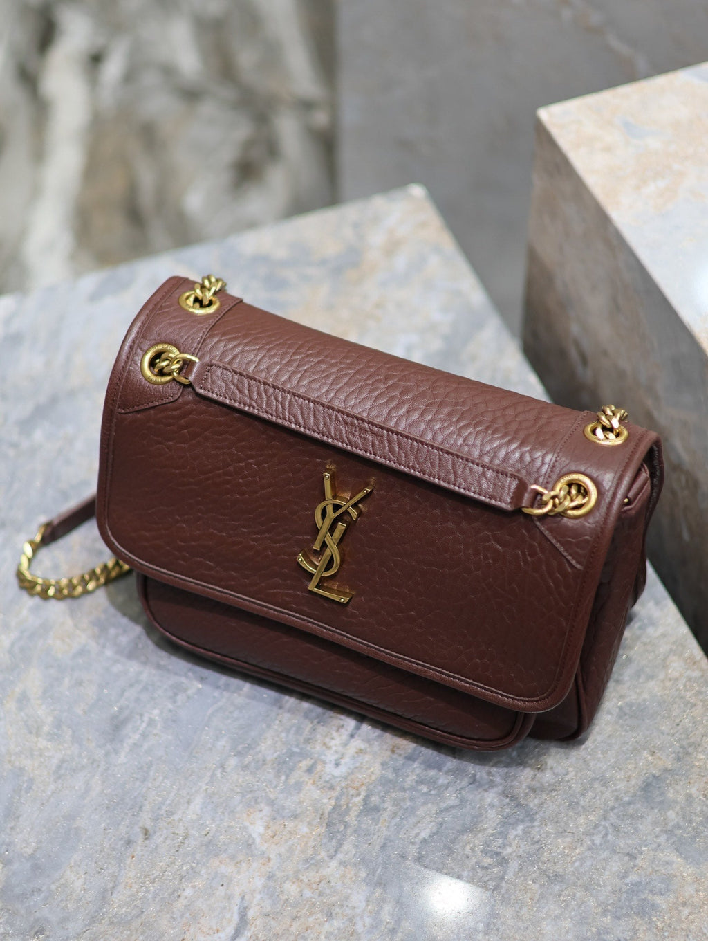 Saint Laurent Niki Medium 28 in Chestnut Brown Elephant Pattern Lambskin Gold Hardware Bag