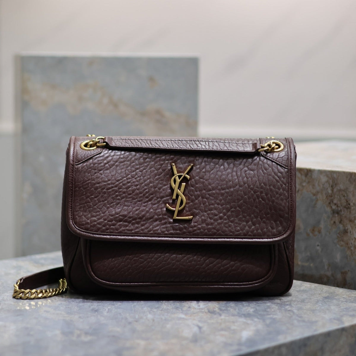 Saint Laurent Niki Medium 28 in Chestnut Brown Elephant Pattern Lambskin Gold Hardware Bag