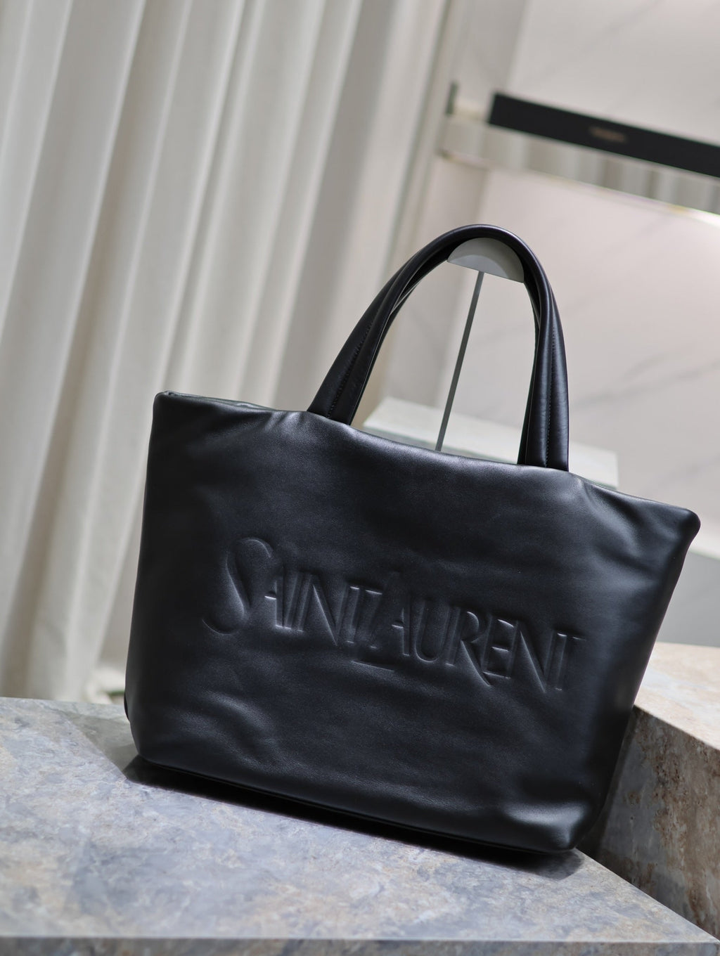 Saint Laurent Tote Bag 50 in Black Calfskin with Embossed Logo