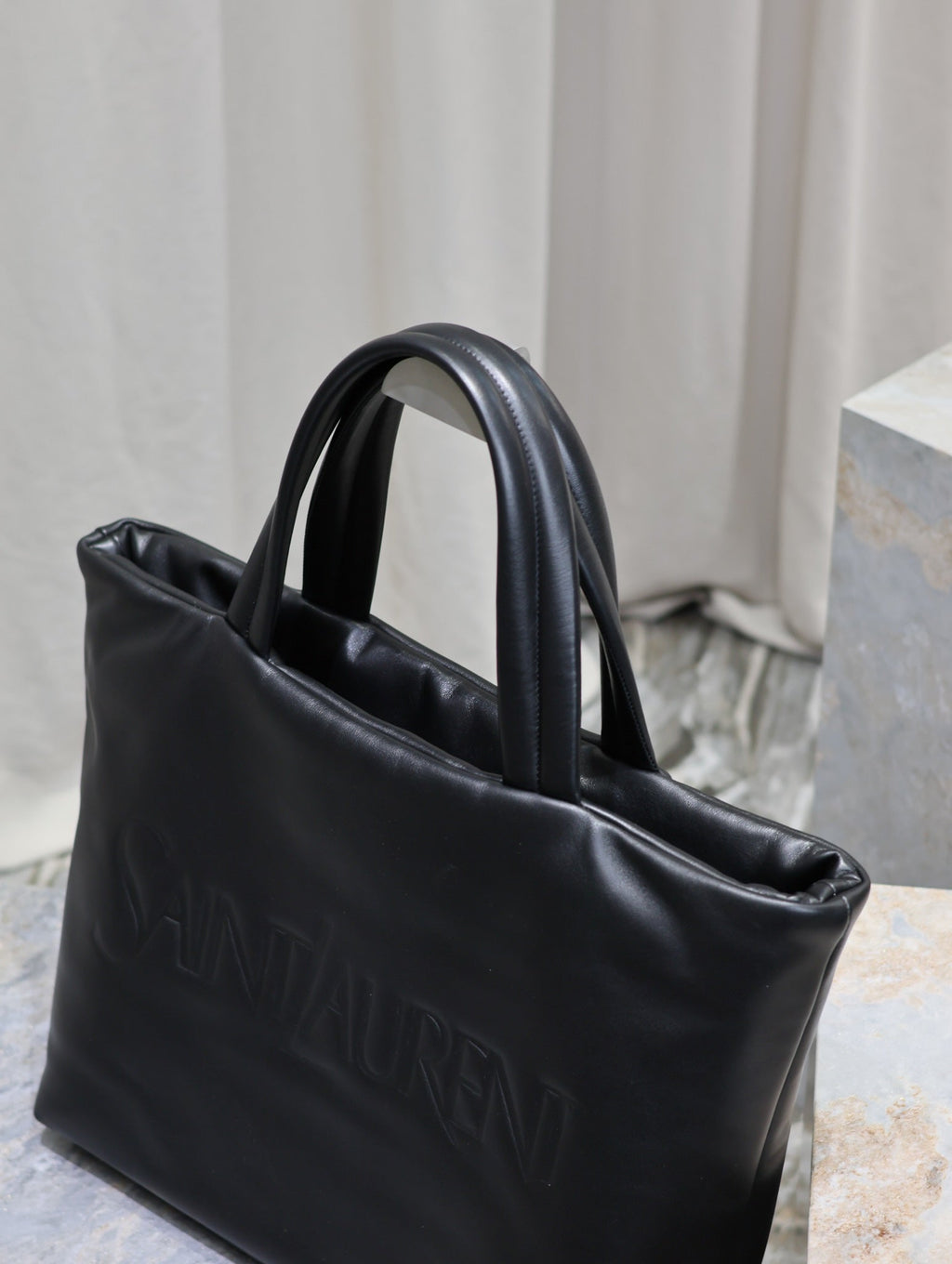Saint Laurent Tote Bag 50 in Black Calfskin with Embossed Logo
