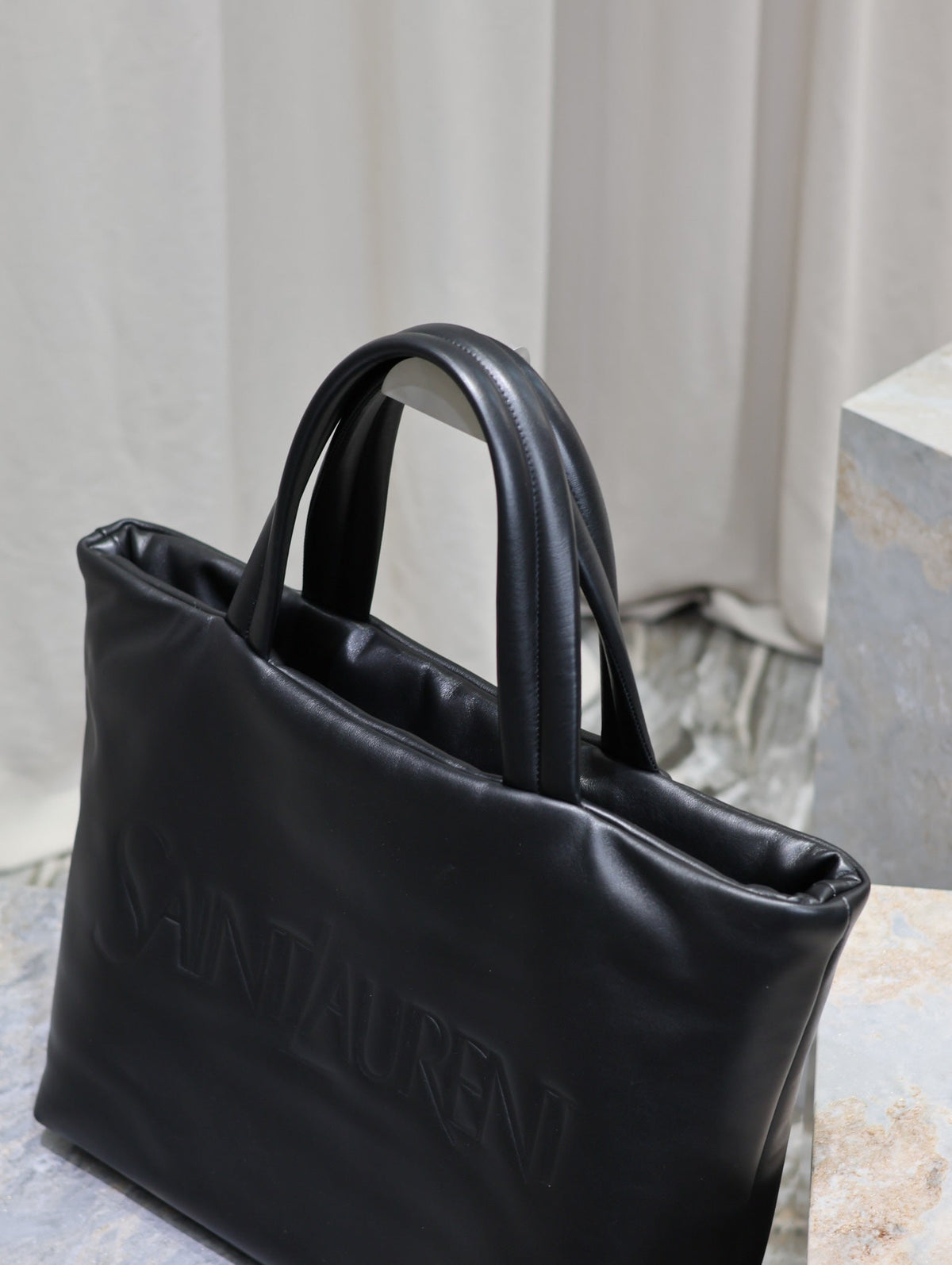 Saint Laurent Tote Bag 50 in Black Calfskin with Embossed Logo