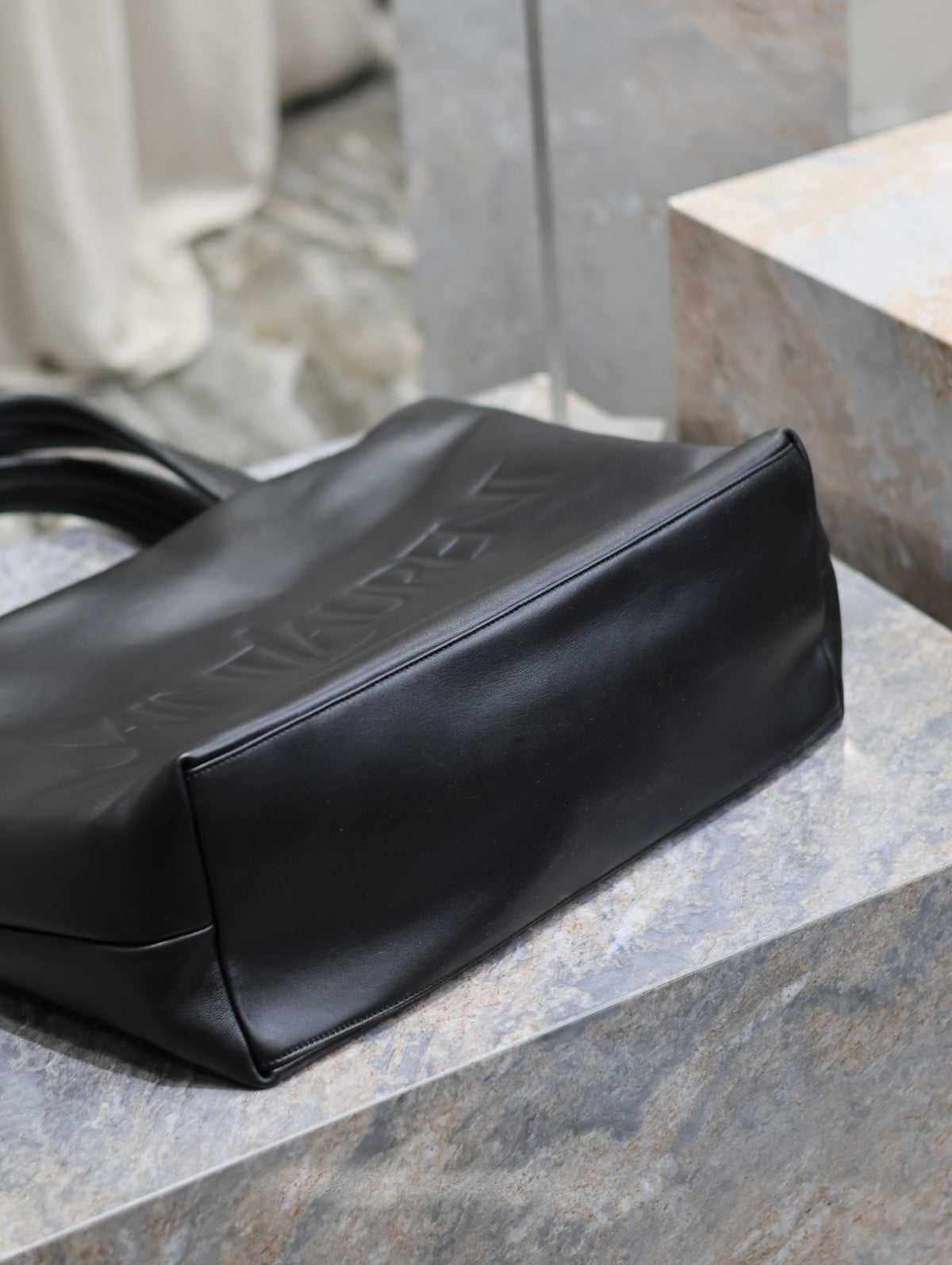 Saint Laurent Tote Bag 50 in Black Calfskin with Embossed Logo