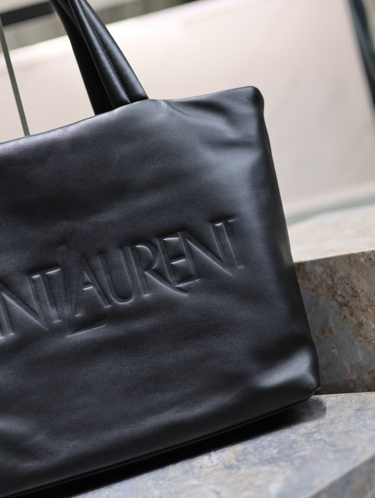 Saint Laurent Tote Bag 50 in Black Calfskin with Embossed Logo