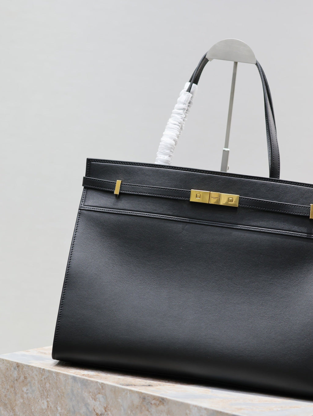 Saint Laurent Manhattan Shopping Bag 40 in Black Smooth Lambskin Gold Buckle