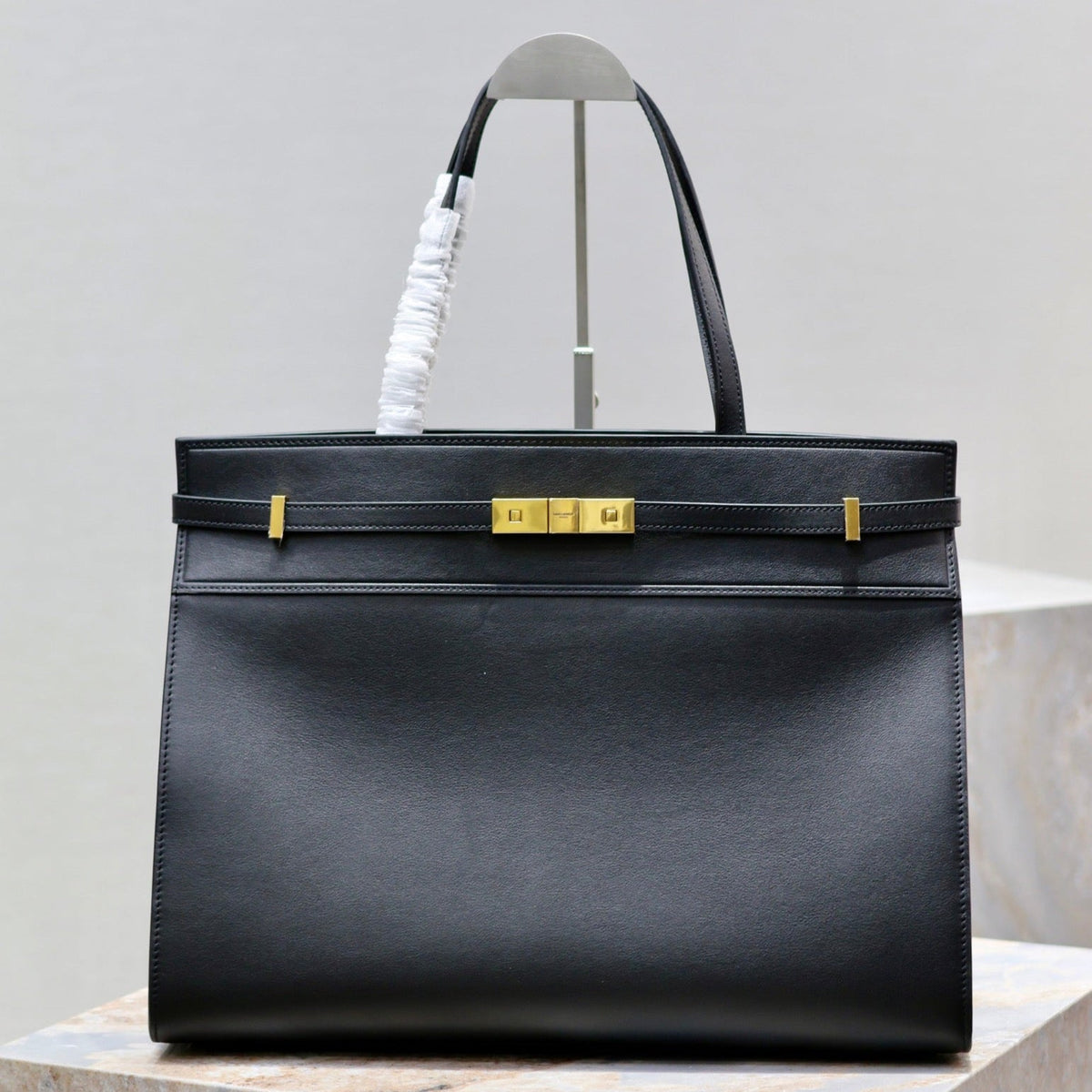 Saint Laurent Manhattan Shopping Bag 40 in Black Smooth Lambskin Gold Buckle