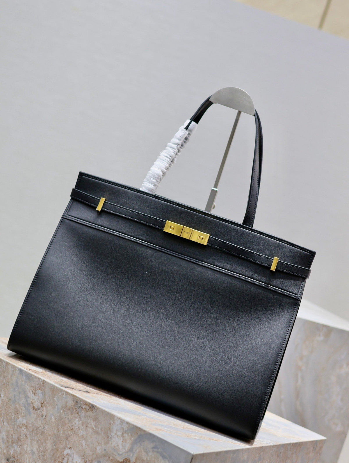 Saint Laurent Manhattan Shopping Bag 40 in Black Smooth Lambskin Gold Buckle