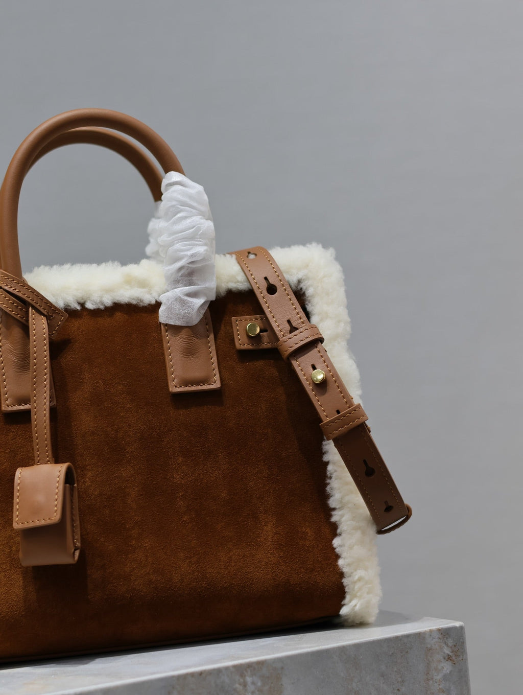 Saint Laurent Sac de Jour 26 in Brown Suede and White Shearling Trim Bag