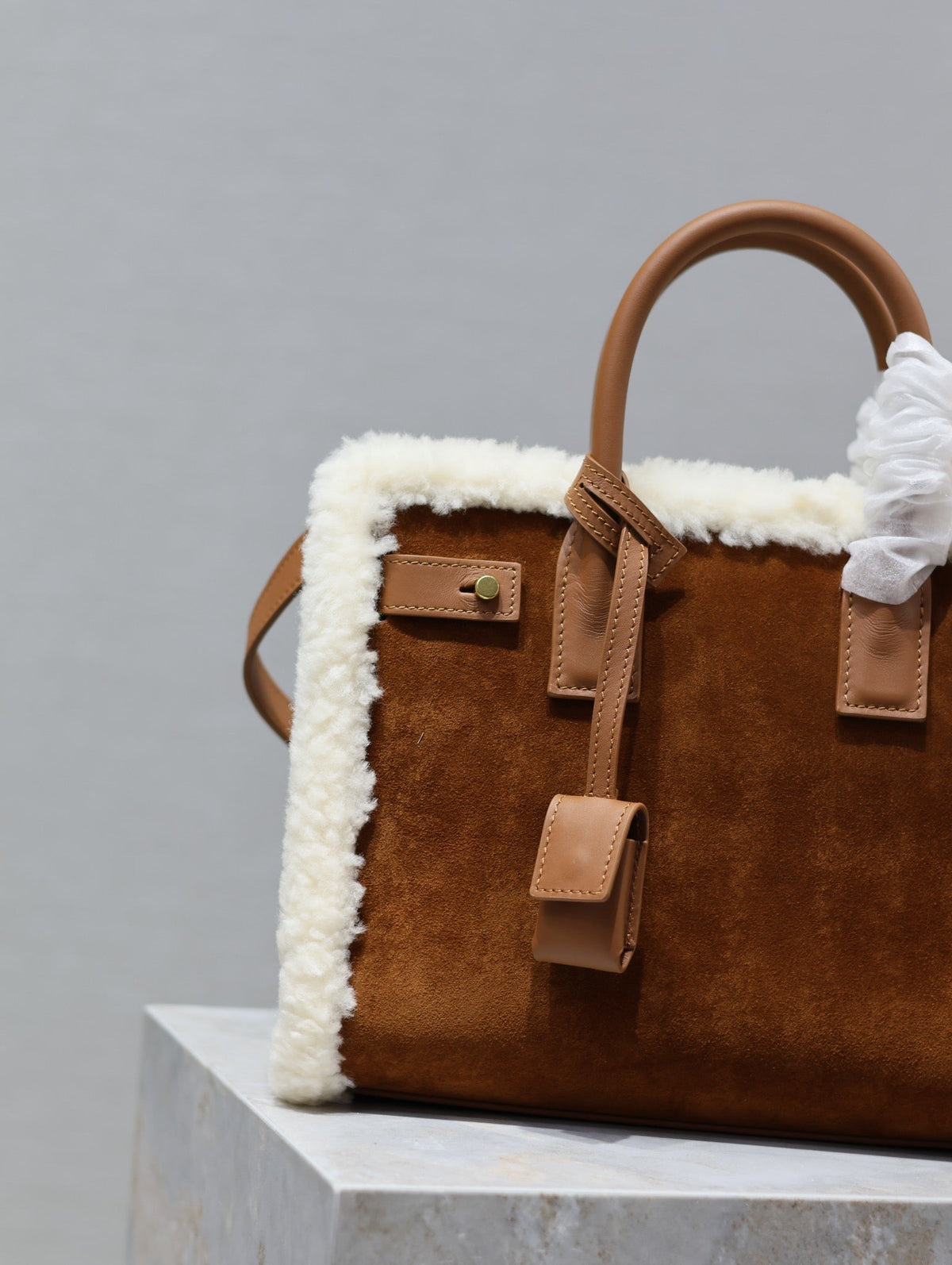 Saint Laurent Sac de Jour 26 in Brown Suede and White Shearling Trim Bag