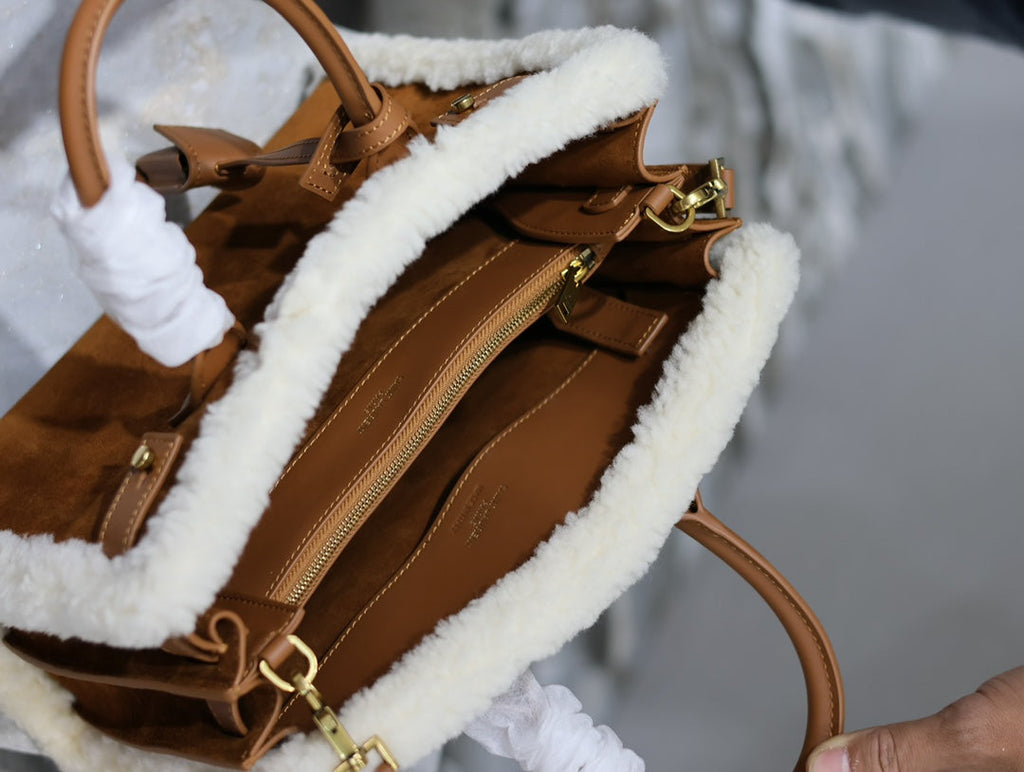 Saint Laurent Sac de Jour 26 in Brown Suede and White Shearling Trim Bag
