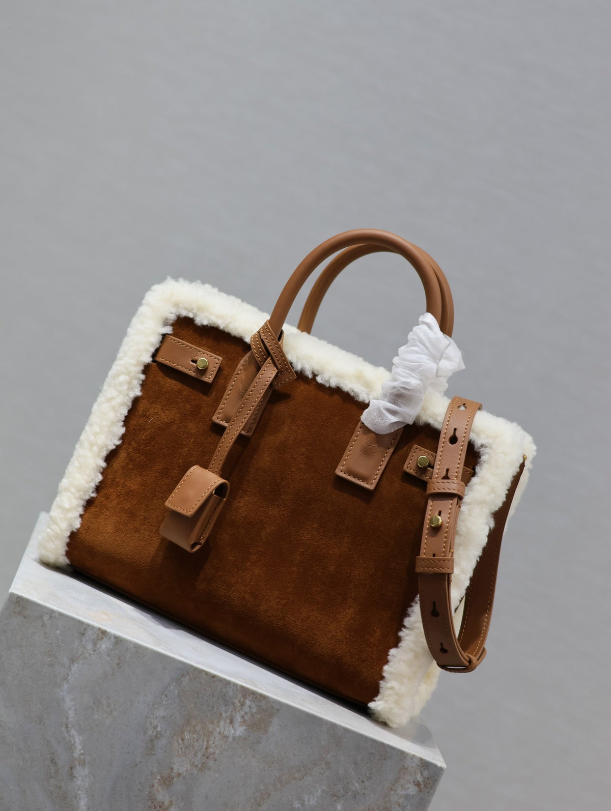Saint Laurent Sac de Jour 26 in Brown Suede and White Shearling Trim Bag