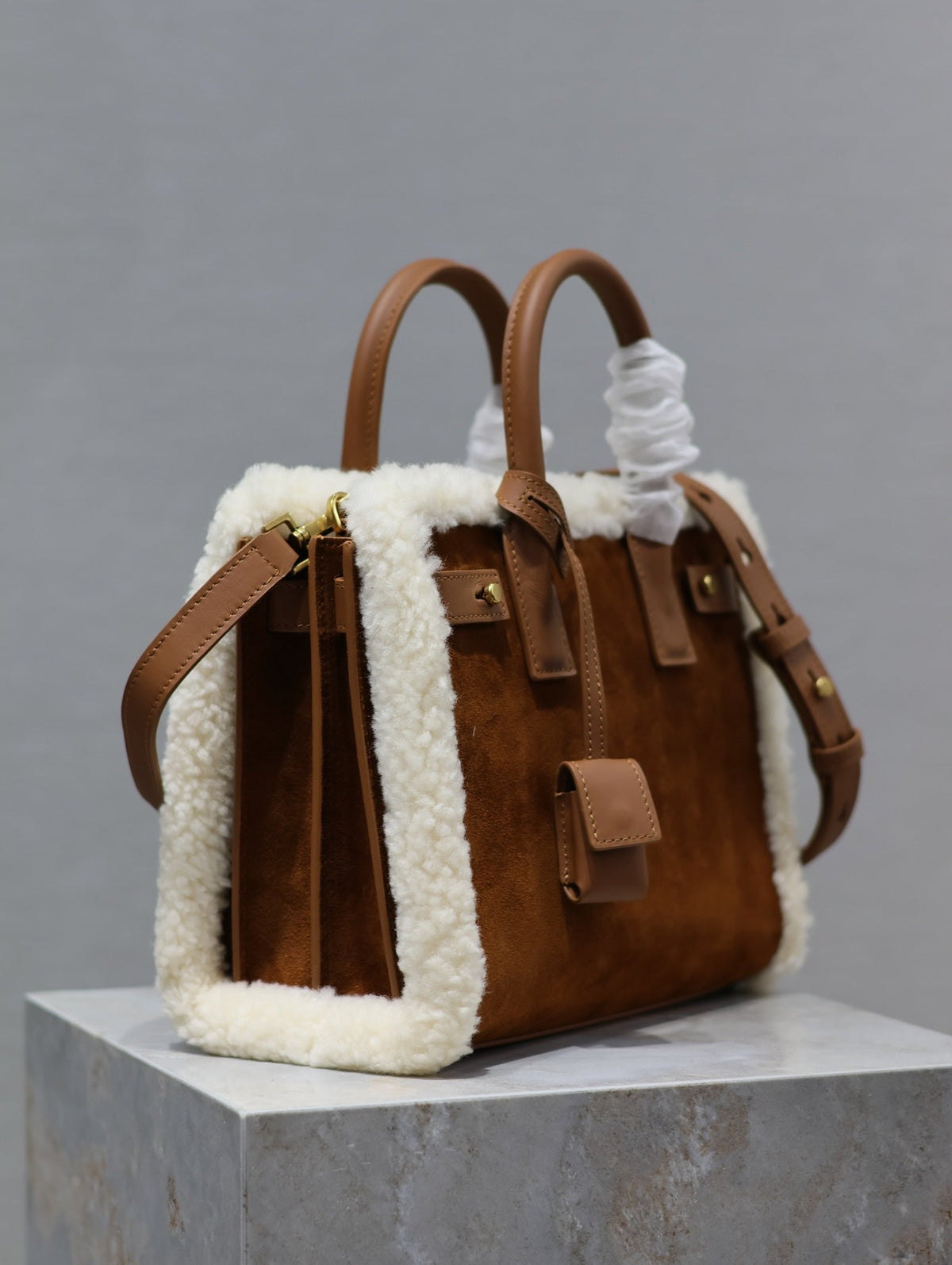 Saint Laurent Sac de Jour 26 in Brown Suede and White Shearling Trim Bag