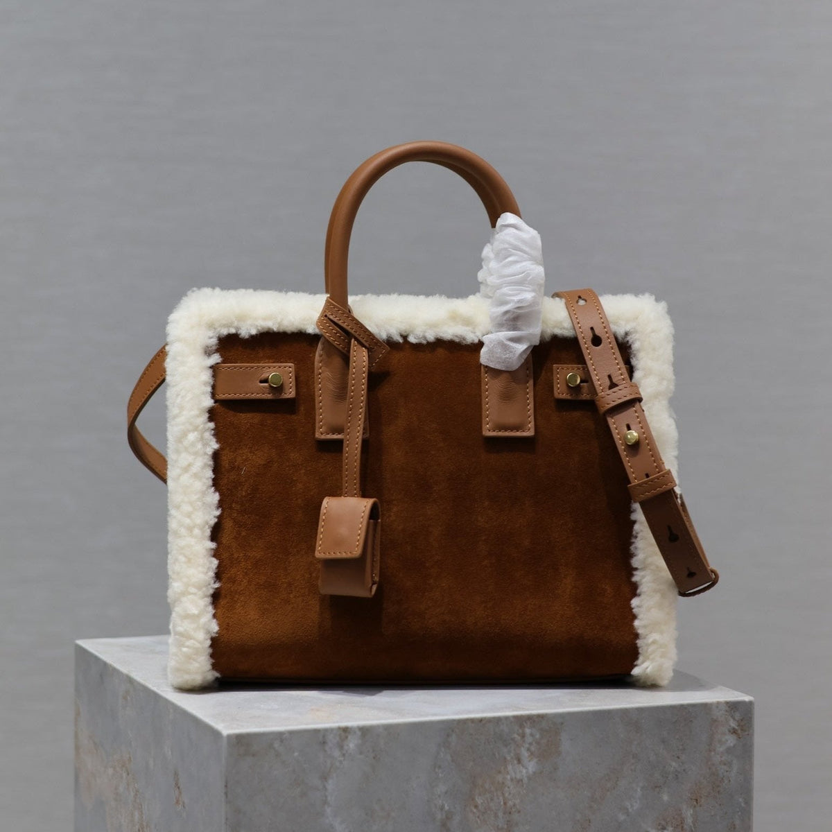 Saint Laurent Sac de Jour 26 in Brown Suede and White Shearling Trim Bag