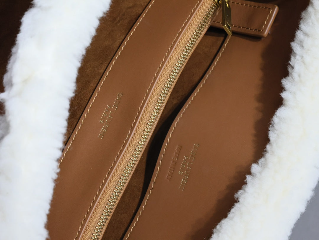 Saint Laurent Sac de Jour 26 in Brown Suede and White Shearling Trim Bag