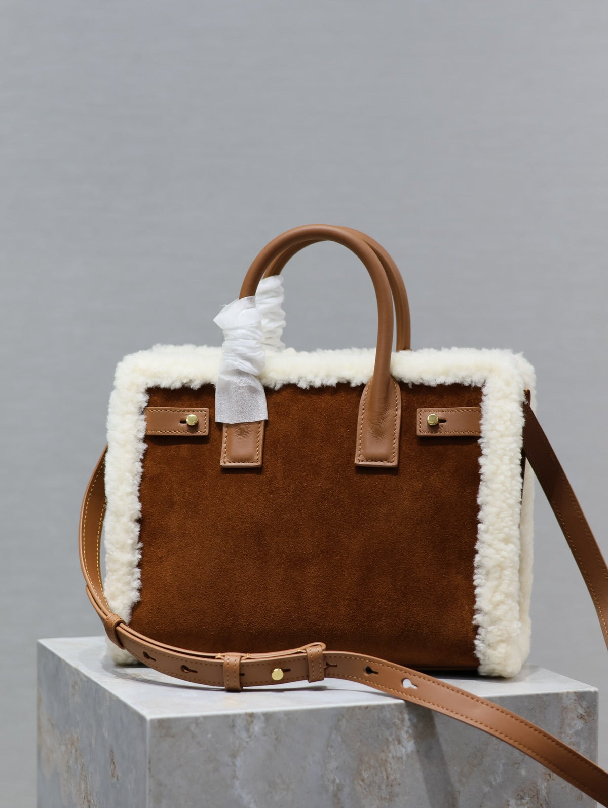 Saint Laurent Sac de Jour 26 in Brown Suede and White Shearling Trim Bag