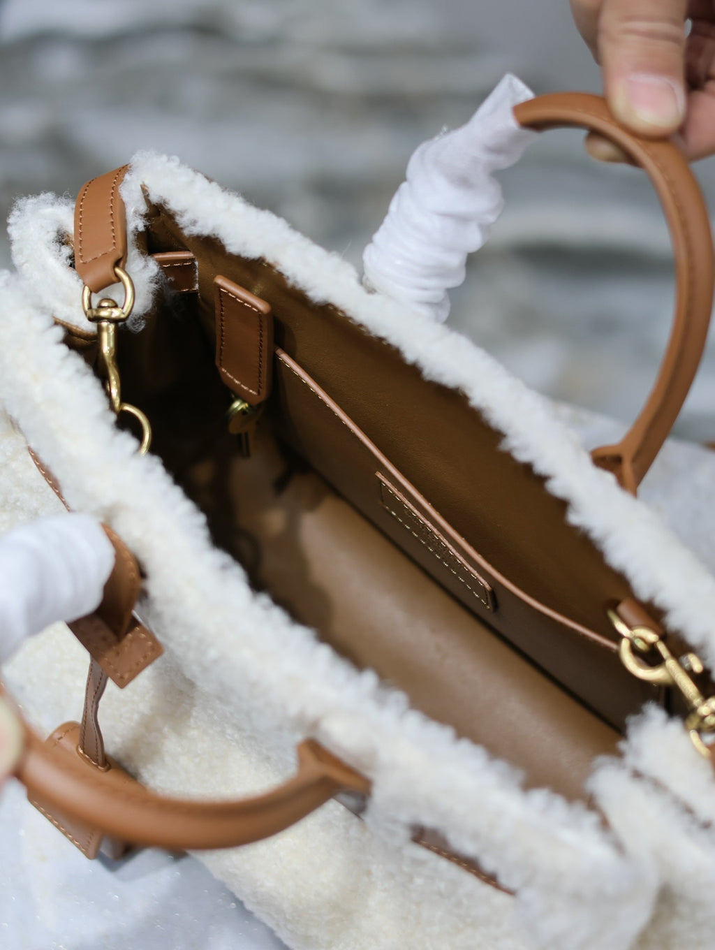 Saint Laurent Sac de Jour 22 in White Shearling and Brown Calfskin Trim Bag