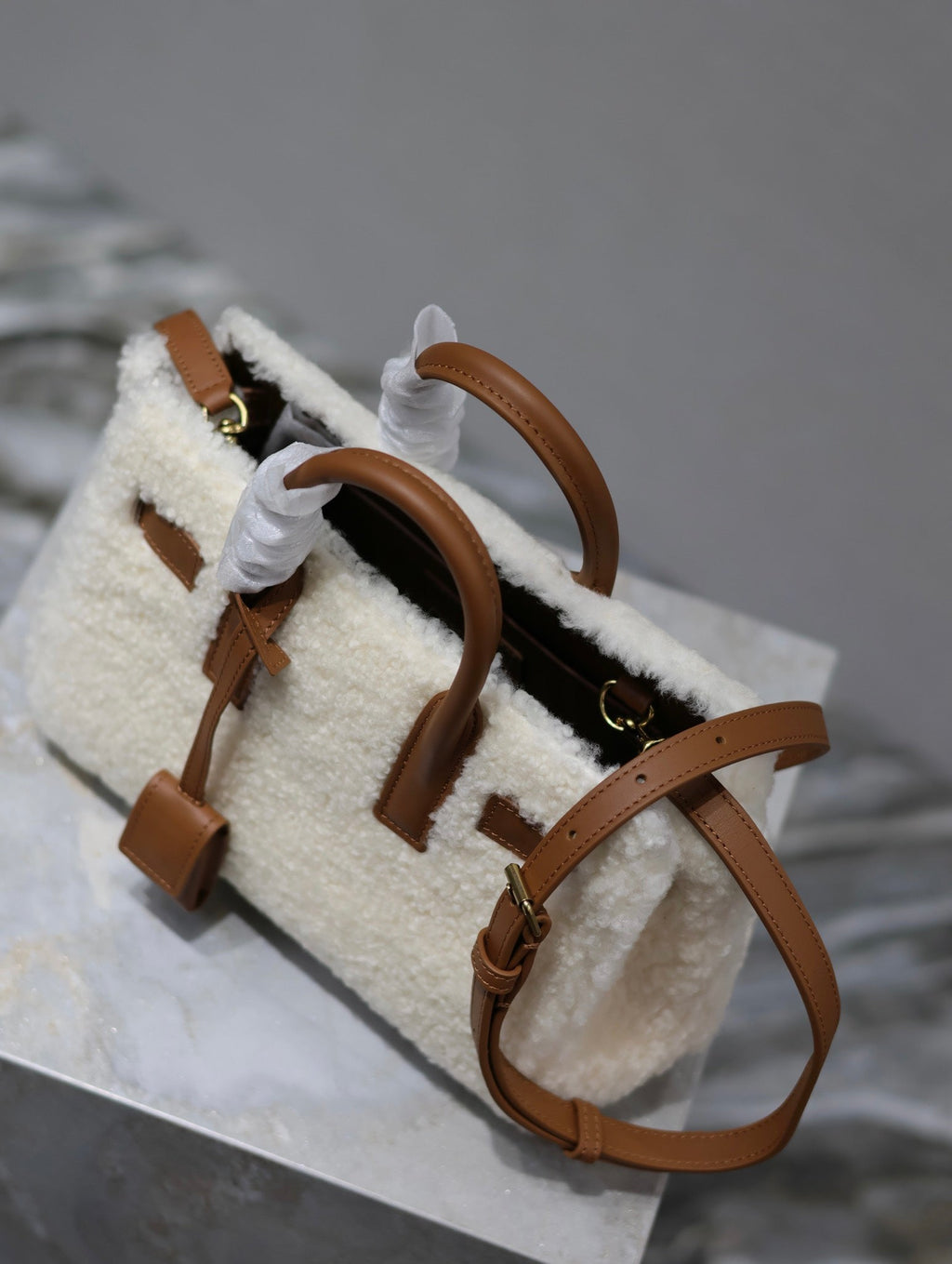 Saint Laurent Sac de Jour 22 in White Shearling and Brown Calfskin Trim Bag