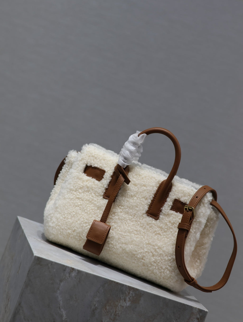 Saint Laurent Sac de Jour 22 in White Shearling and Brown Calfskin Trim Bag