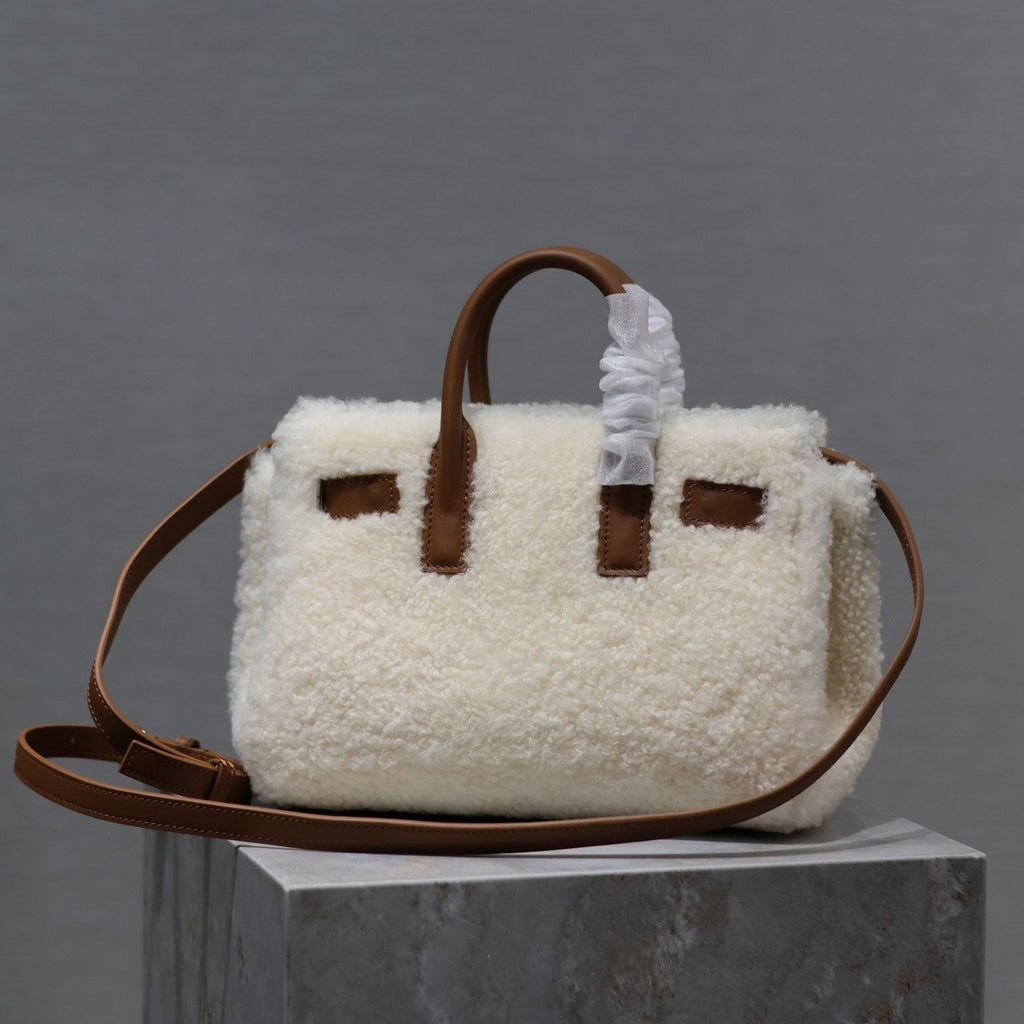 Saint Laurent Sac de Jour 22 in White Shearling and Brown Calfskin Trim Bag