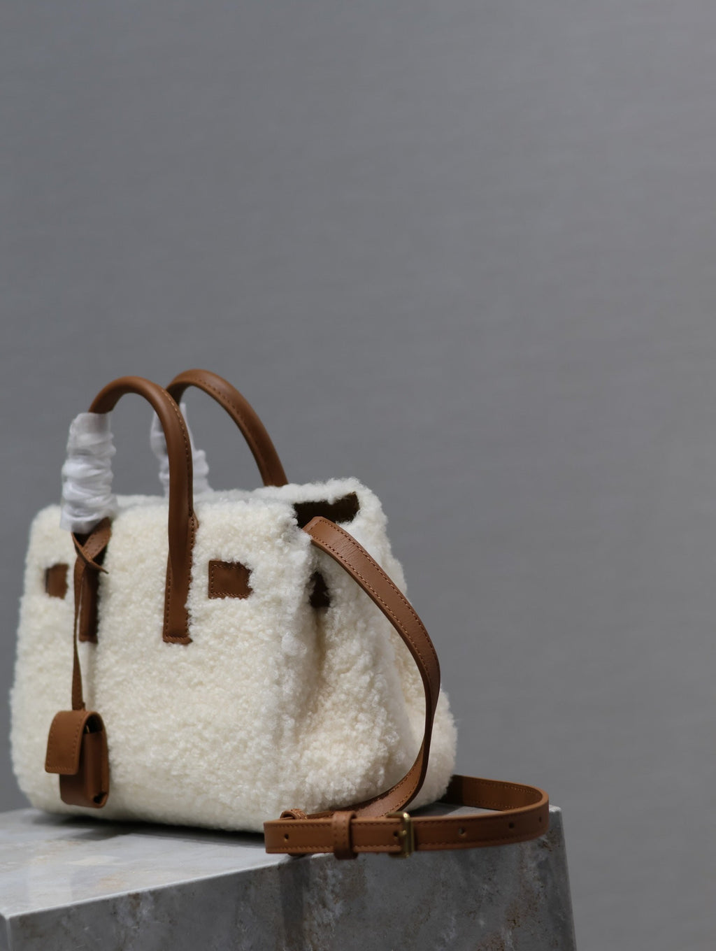 Saint Laurent Sac de Jour 22 in White Shearling and Brown Calfskin Trim Bag