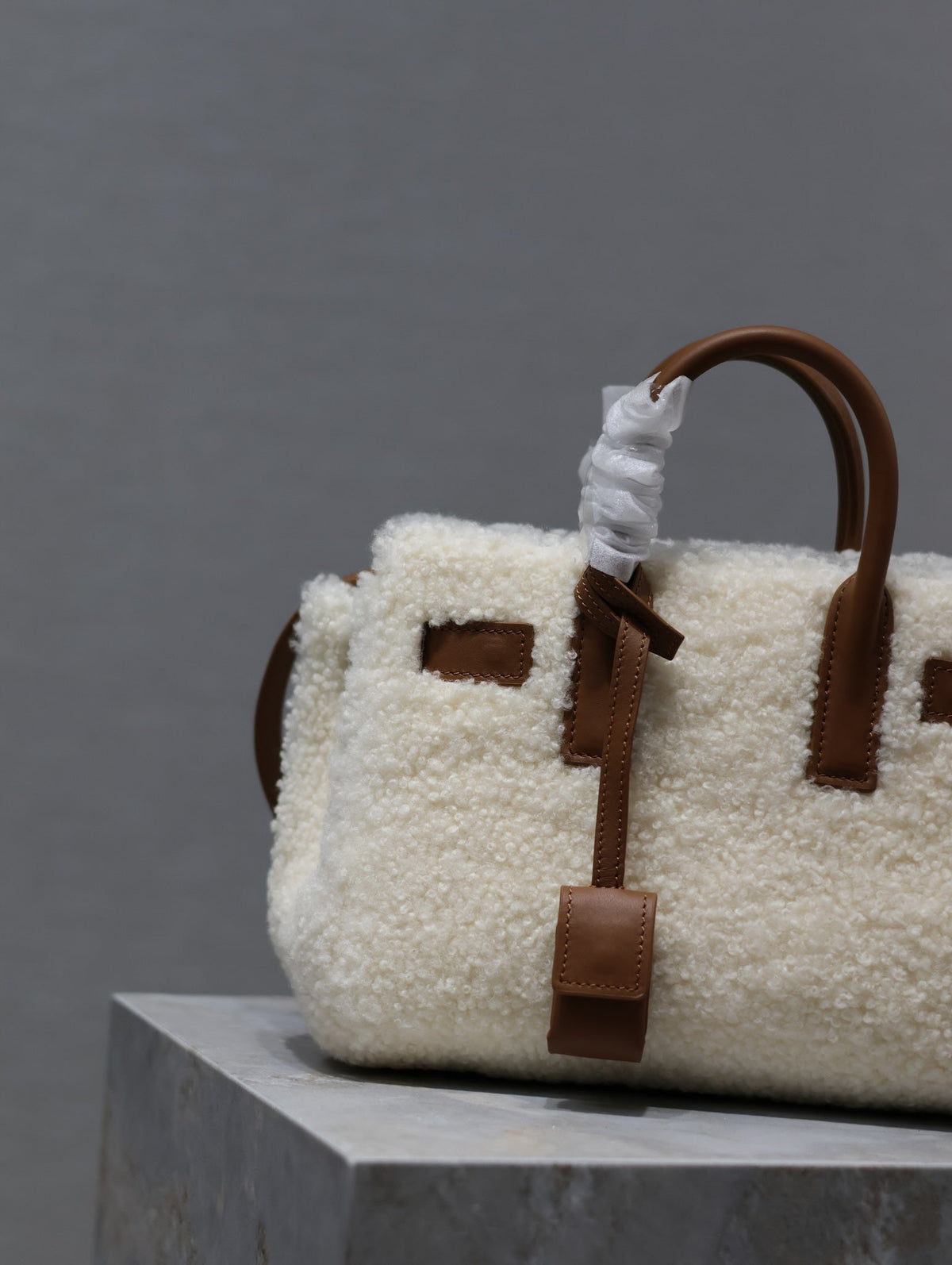 Saint Laurent Sac de Jour 22 in White Shearling and Brown Calfskin Trim Bag