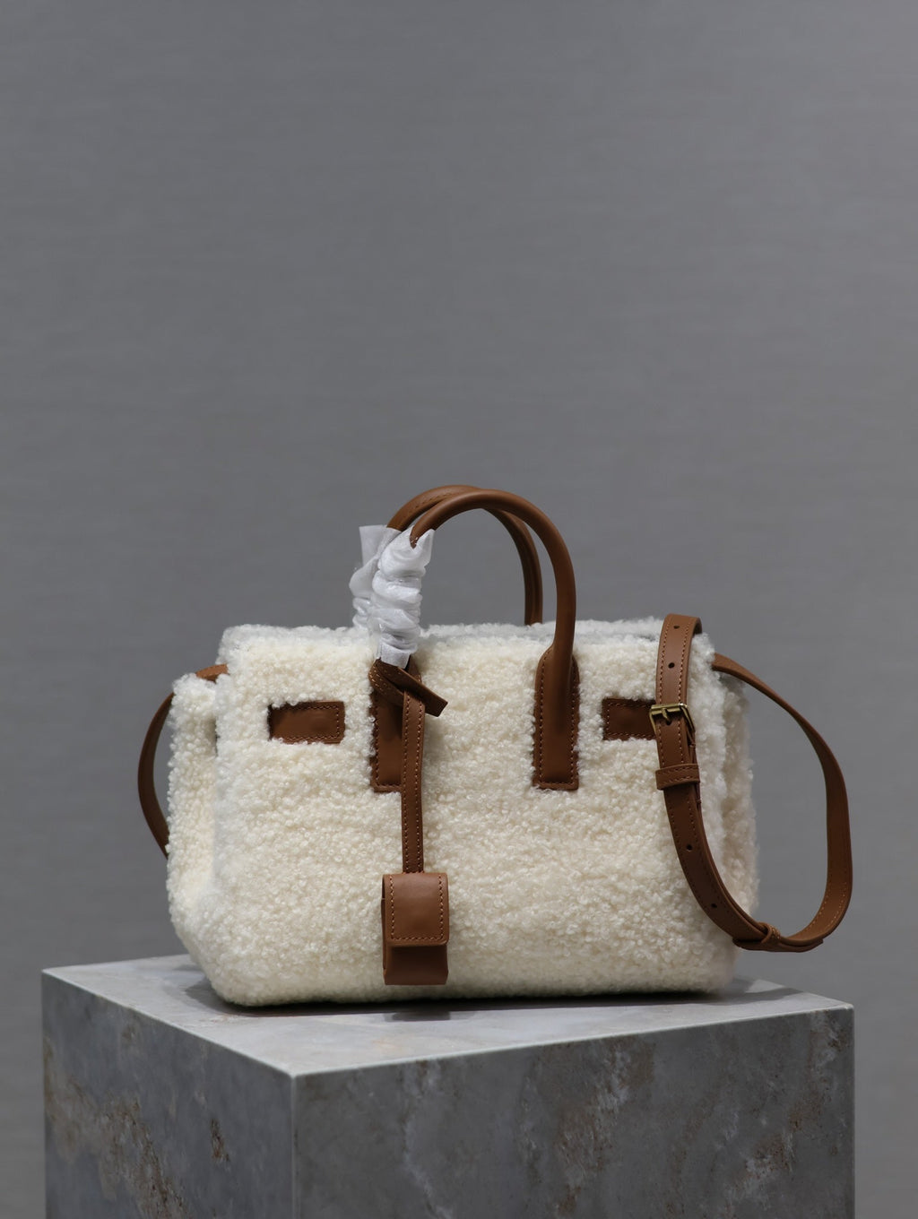 Saint Laurent Sac de Jour 22 in White Shearling and Brown Calfskin Trim Bag