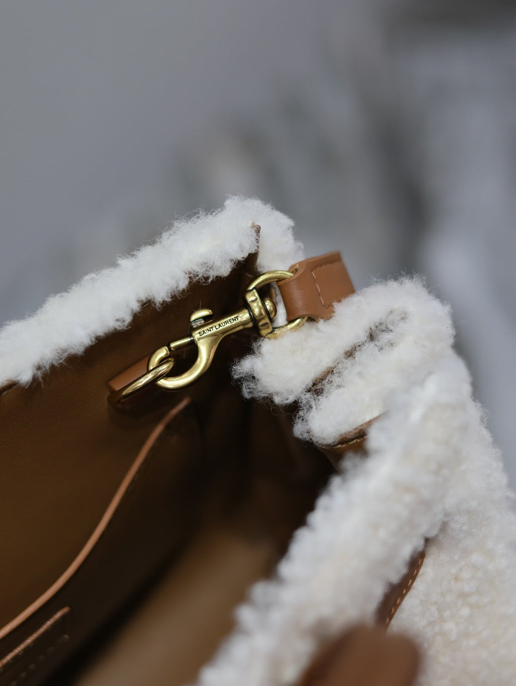 Saint Laurent Sac de Jour 22 in White Shearling and Brown Calfskin Trim Bag