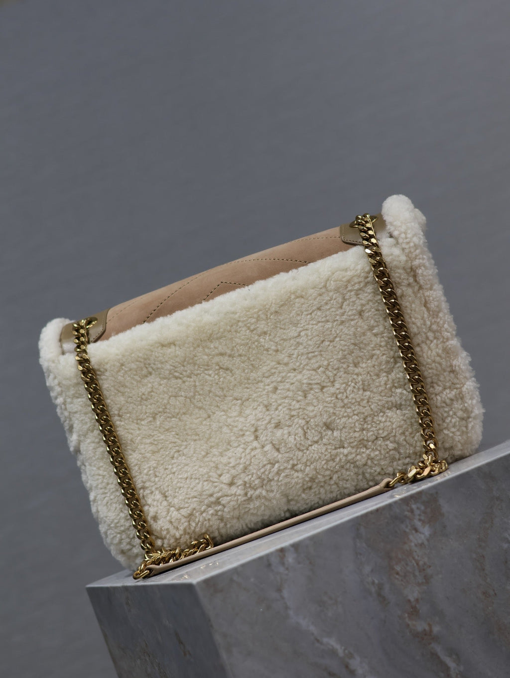 Saint Laurent Niki Medium 28 in Camel Suede and White Shearling Bag