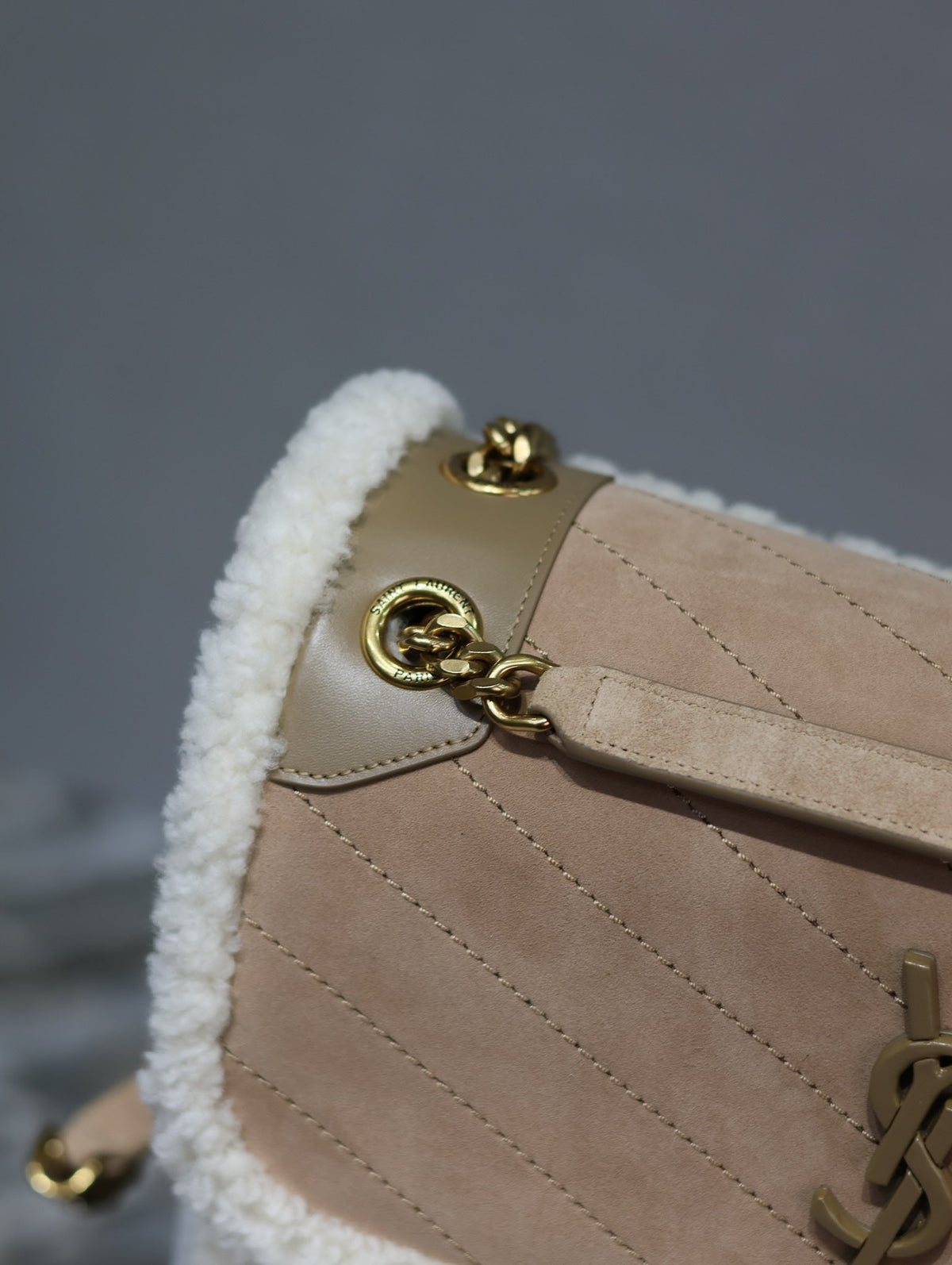 Saint Laurent Niki Medium 28 in Camel Suede and White Shearling Bag