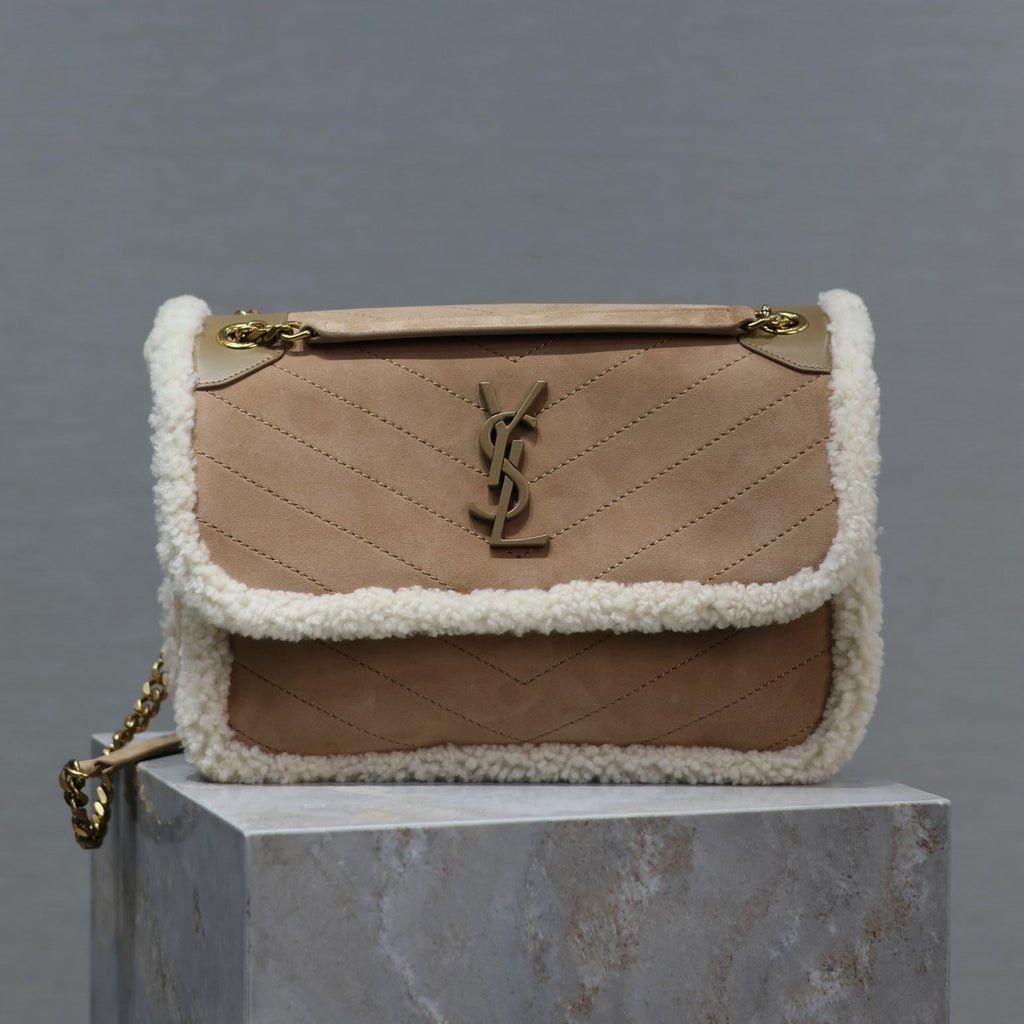 Saint Laurent Niki Medium 28 in Camel Suede and White Shearling Bag