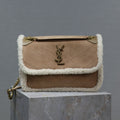 Saint Laurent Niki Medium 28 in Camel Suede and White Shearling Bag