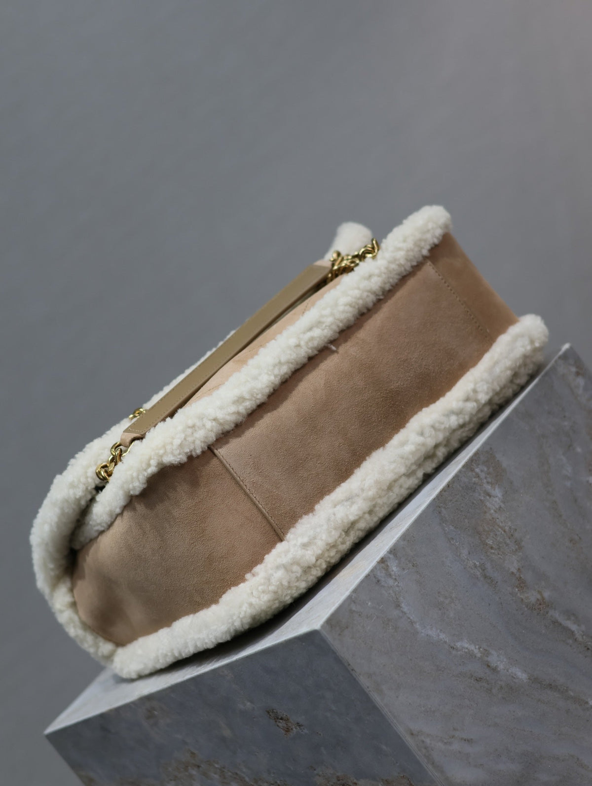 Saint Laurent Niki Medium 28 in Camel Suede and White Shearling Bag