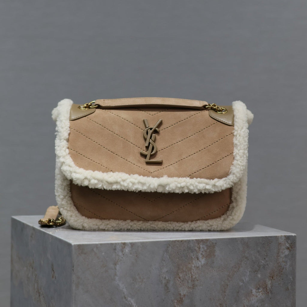 Saint Laurent Niki Small 22 in Camel Suede and White Shearling Bag